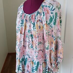 Penelope Rose Floral Embroidered Eyelet Swing Blouse S pink ruffle lightweight